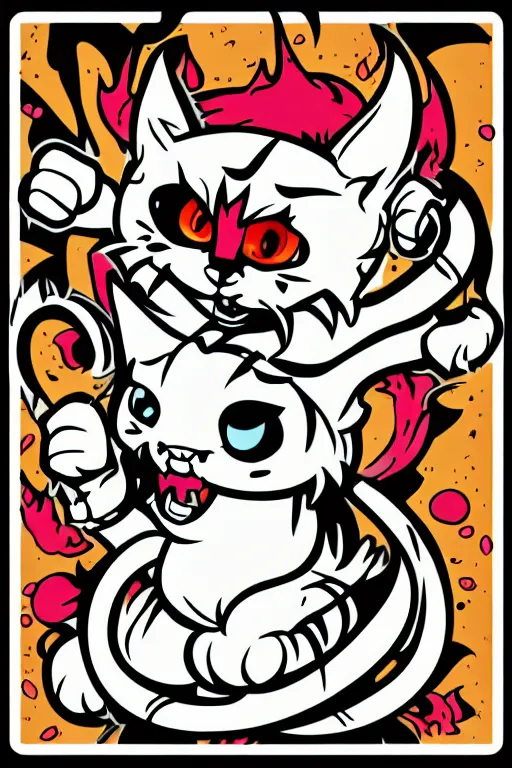 Image similar to Evil kitten, the devil, sticker, blood thirsty, spawn of Satan, burning in hell, blood, evil, colorful, illustration, highly detailed, simple, smooth and clean vector curves, no jagged lines, vector art, smooth