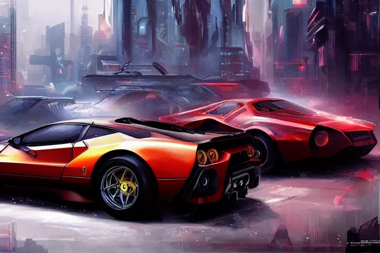 Image similar to luxury cyberpunk Ferrari 288 GTO, highly detailed, digital painting, artstation, concept art, sharp focus, illustration, art by artgerm and greg rutkowski and alphonse mucha