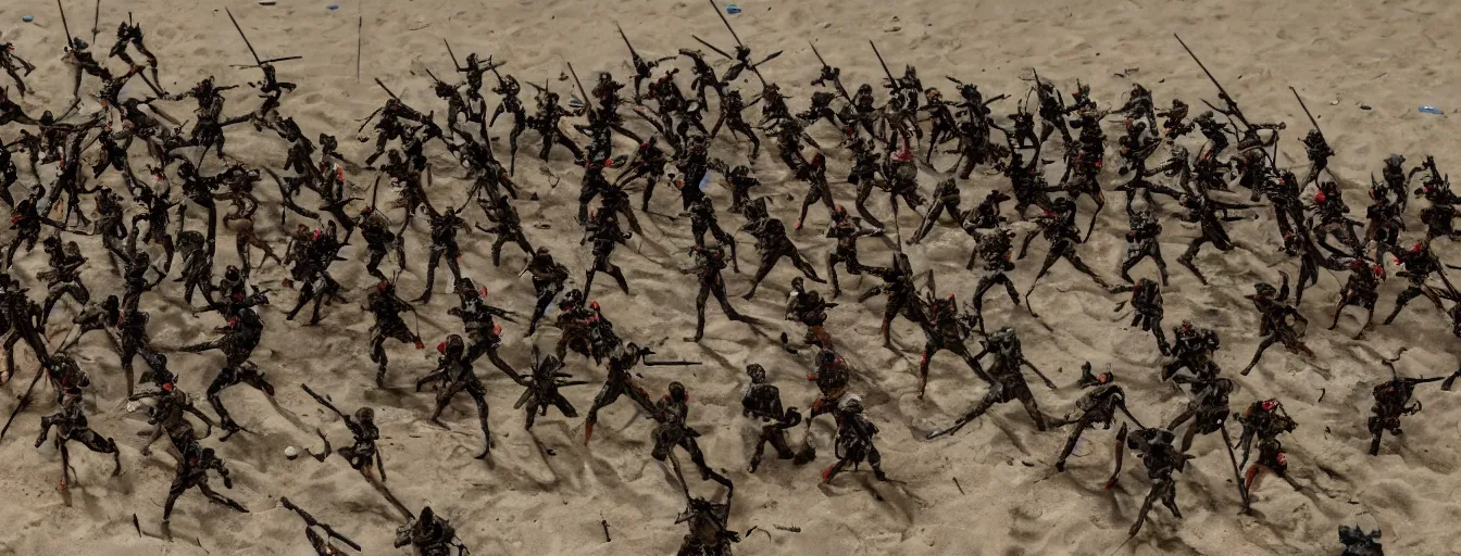 Prompt: An army of rebels and an army of warriors fight each other for supremacy, but with no side on the winning hand, this battle could go on for a long time. The dead of one side are spread around the beach and the faces of the fighters are hopeful with victory in mind and their muscles tense and anxious, they take on their enemies