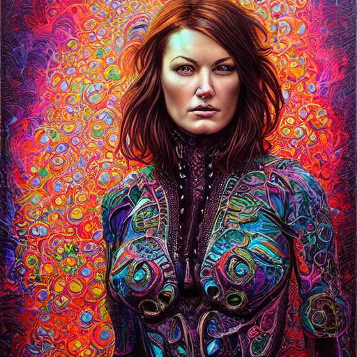 Image similar to portrait of danneel ackles, hyper detailed masterpiece, neon floral pattern, jean giraud, digital art painting, darkwave goth aesthetic, psychedelic, artgerm, donato giancola and tom bagshaw