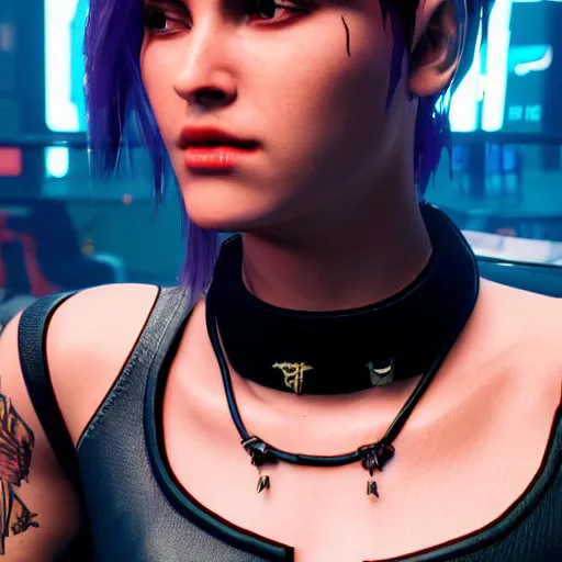 Image similar to female V from Cyberpunk 2077 wearing spiked choker, collar, choker, punk, 4K