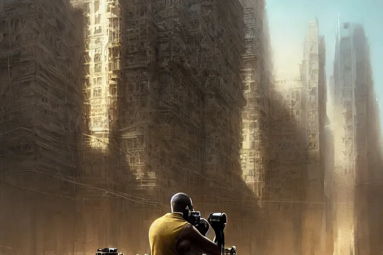 Image similar to A very highly detailed camera man with black skin, short hair cut, tiny thin mustache, thin face, with very highly detailed face on the street of a very highly detailed smooth city digital concept art by Greg Rutkowski, neofuturistic highly detailed, digital concept art, Dimensional cyan gold natural light, sharp focus, Golden Ratio illustration, realistic concept art by Stephen Hickman and James Gurney and Hiromasa Ogura Ghost in the Shell rendered in Octane Render, From the distance