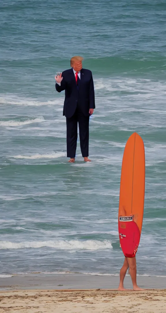 Image similar to Donald Trump holds a surfboard standing near the breakwater at a beach, Chunky old Trump wears tropical board shorts and sandals with a smug look, 4k, sharp focus, photo by professional