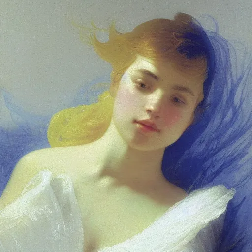 Prompt: a young woman's face in flowing sheets of cobalt blue gold silver satin, by ivan aivazovsky syd mead moebius roger dean donato giancola yoshitaka amano jan de heem pieter claesz paul delaroche alma tadema aelbert cuyp willem claesz isaac levitan, hyperrealistic, volumetric light, render