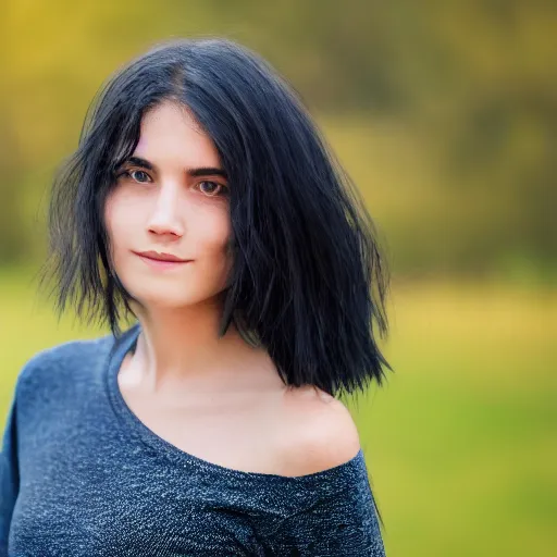 Prompt: young woman with shoulder - length messy black hair, slightly smiling, 1 3 5 mm nikon portrait