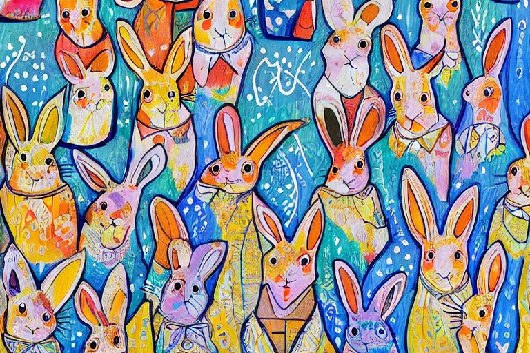 Prompt: beautiful art illustration of a group of rabbits by laurel burch, highly detailed