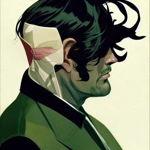 Image similar to Joshua Middleton comic art, wide shot, handsome elegant male Mads Mikkelson, spy, kabuki mask, beautiful evil sneer, symmetrical face, symmetrical eyes, leather clothing and boots, long straight green black hair, full body, Indigo occult pattern