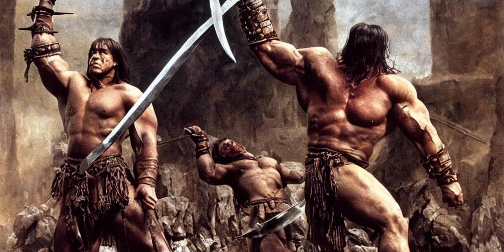 Prompt: hyperrealistic mixed media action scene of Conan the barbarian raising his sword for battle in leather boots and a loincloth, forward angle, stunning 3d render inspired art by Frank Frazetta and Simon Bisley, extremely muscular male hero + perfect facial symmetry + perfect muscle anatomy + perfect bodily proportions + dim volumetric lighting, 8k octane beautifully detailed render, post-processing, extremely hyperdetailed, intricate complexity, epic composition, grim yet sparkling atmosphere, cinematic lighting + masterpiece, trending on artstation