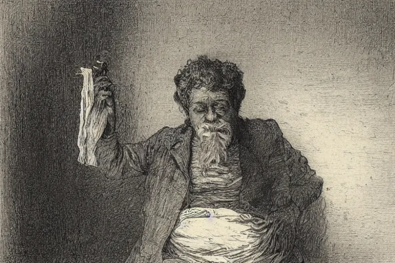 Prompt: man wearing paper bag smoking a blunt, Gustave Dore lithography