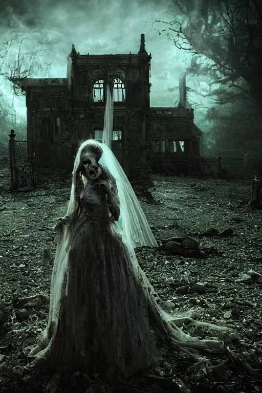 Image similar to a zombie bride with flowing dress and veil at the ornate gate of a decrepit house, night, mist, smoke, scary, spooky, dramatic lighting, moody, style of stephen jones, bernie wrightson, derek riggs, virgil finlay, fantasy, horror, octane render 8 k