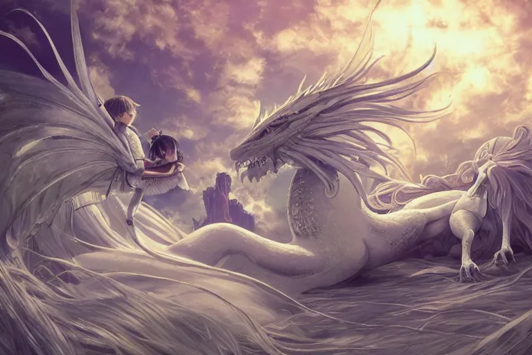 Image similar to a hyper detailed big render that beautiful princess lie on the ground be surrounded in the white clouds fairyland center by a huge silver white dragon, finely detailed angelic face, style of studio ghibli, makoto shinkai, xision, ilya kuvshinov and artgerm, kazuki tanahashi, james jean, animation style, golden curve composition, telephoto lens