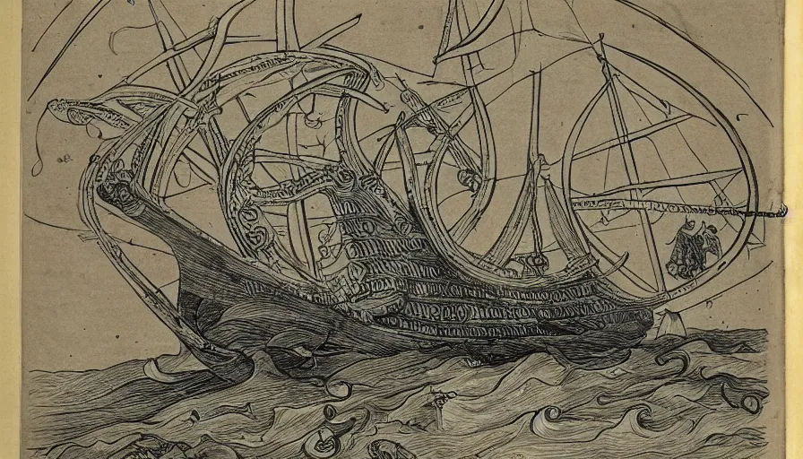 Image similar to encyclopedia drawing of a octopus attacking ship, manuscript, detailed