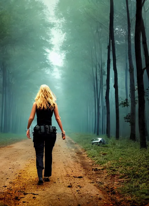 Prompt: beautiful blonde female cop walking through forest of crashed cars, wide shot, full perspective, curvy, mystery, fog, night time, starry skies.