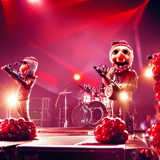 Prompt: anthropomorphic cranberries playing rock music, dramatic action scene, on stage, during a concert in a stadium full of people, scenic cones of lights, dmx