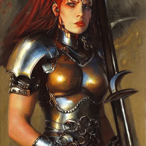 Image similar to portrait of a muscular goth emo girl wearing armor and holding sword by frank fazetta, fantasy, barbarian