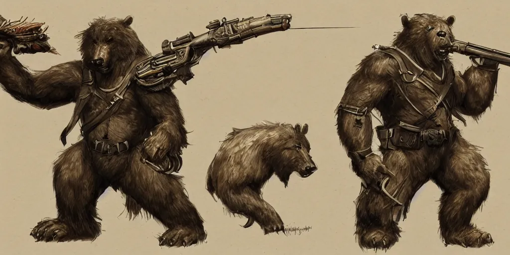 Prompt: Full body concept art of A High fantasy WW1 bear beast-man firing a enchanted heavy shotgun trending on artstation deviantart Pinterest detailed High Resolution HD 8k