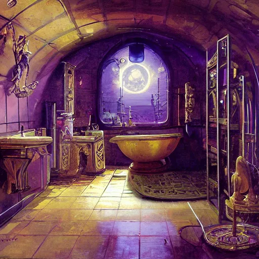 Prompt: painting of syd mead artlilery scifi bathroom with ornate metal work lands on a farm, ancient civilization ornaments, volumetric lights, purple sun, andreas achenbach