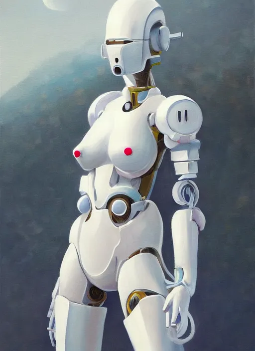 Image similar to a sensual oil painting of a giant pristine white humanoid feminine figure mecha with rounded components by simon stalenhag, inspired by nier automata, clean white lab background