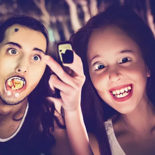 Prompt: a horrifying disfigured monster photobombs a cute girl's selfie at night, 4K