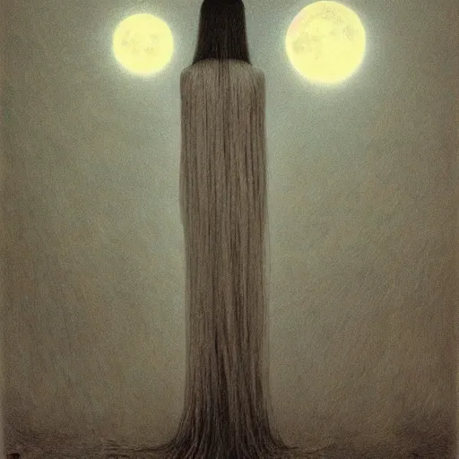 Image similar to majestic pale vampire princess with very long black hairs at moon night, by Beksinski