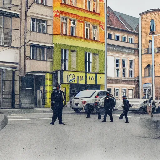 Image similar to istock organic by j. m. w. turner, by okuda san miguel. the mixed mediart of a police station in the lithuanian city of vilnius. in the foreground, a group of policemen are standing in front of the building, while in the background a busy street can be seen.