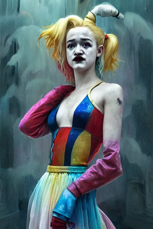 Image similar to portrait of julia garner as harley quinn as delirium of the endless, the sandman, rainbow clothes, in persian temple wet night, sci - fi and fantasy, intricate and very very beautiful and elegant, highly detailed, digital painting, artstation, concept art, smooth and sharp focus, illustration, art by tian zi and wlop and alphonse mucha