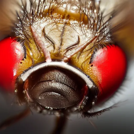 Prompt: a macro photograph of a fly with donald trump head and face