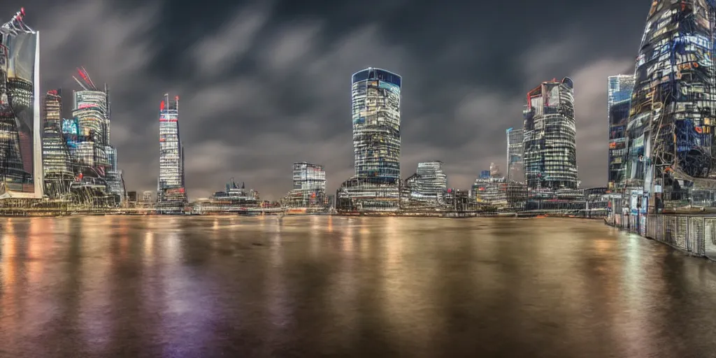 Prompt: docklands in london, night, dimly lit cirrus clouds, long exposure, architecture photography, no hdr, ultrawide image