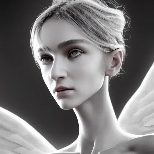 Image similar to A young beautiful female angelic-extraterrestrial-cyborg face with a very long neck, big clear eyes, thin nose, big lips, hair floating in the wind, Realistic, Refined, Digital Art, Pre-Raphaelite, Highly Detailed, Cinematic Lighting, rim light, black and white, photo-realistic Unreal Engine, 8K