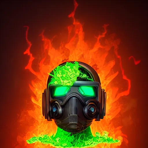 Prompt: helmet cyberpunk made of green lava and fire in borderlands 3 style, concept art character modeling, body made of green lava and fire, marvelous designer, z brush, maya, digital 3 d, 4 k, epic size, epic scale, ultra detailed digital art, furry art, macro art, deviantart, realistic