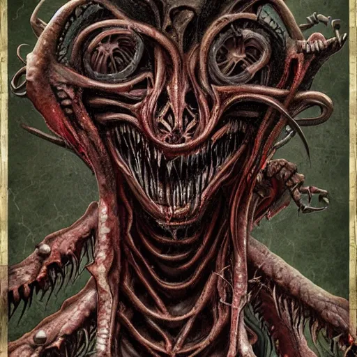 Image similar to eldritch horror, creature made from bloody flesh and rotting tumors, in the style of h. r. giger, best of artstation, intricate, detailed