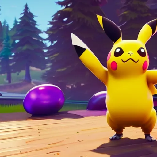 Image similar to screen shot from fortnite pikachu in fornite holding shotgun ray tracing 3 d cgsociety dramatic lighting