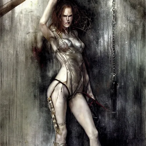 Image similar to nicole kidman chained to a wall in a dungeon, beautiful painting by raymond swanland and magali villanueve, by luis royo, beautiful detailed body and face