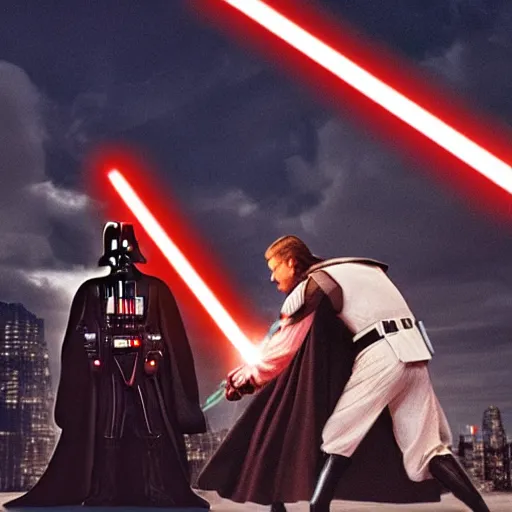 Prompt: darth vader battling obi wan kenobi with a lightsaber in the middle of new york in the evening