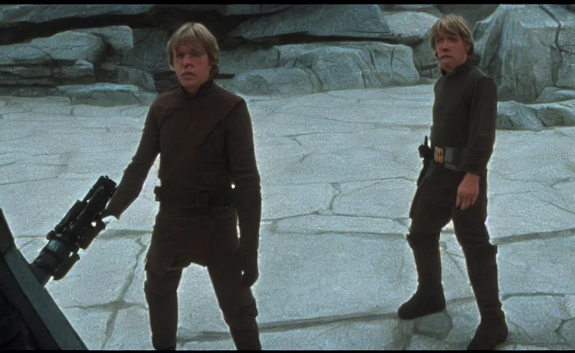 Image similar to screenshot portrait shot of Luke skywalker, played by mark hammill, he hold a lightsaber, facing off against a female sith lord woman in white, outside the rocky Jedi Temple, scene from The Lost Jedi Star Wars film made in 1980, directed by Stanley Kubrick, serene, iconic scene, hazy atmosphere, stunning cinematography, hyper-detailed, sharp, anamorphic lenses, kodak color film, 4k