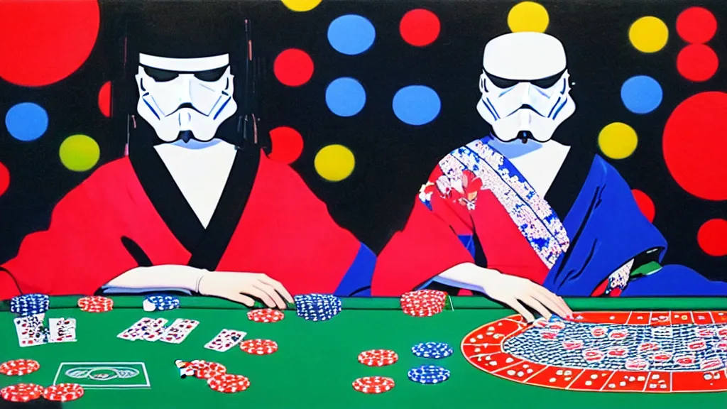 Prompt: woman in a japanese kimono sitting at an extremely detailed poker table with the startrooper, sake, donuts on the table, fireworks and stars on the background, by andy warhol, by roy liechtestein, canvas, acrylic paint, cool color palette, 4 k, ultra - hd