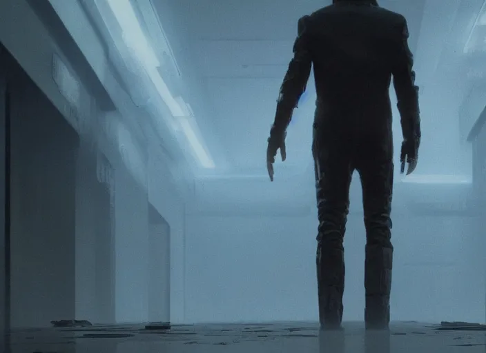 Prompt: man wearing black cyberpunk coat tattered. cybernetic hand polished metal long spindly fingers, walking down, white marble hallway gold trim. Scene from Bladerunner 2049 (2017) Artstation trending 720p.