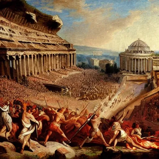 Image similar to fall of rome, epic painting