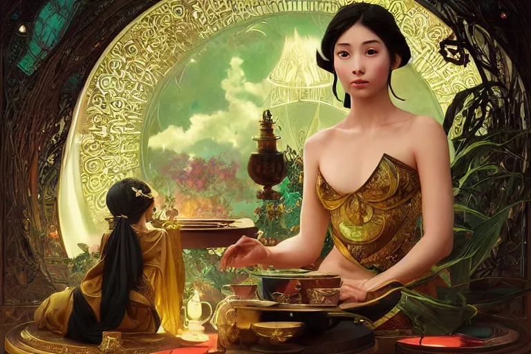 Prompt: a beautiful young asian sorceress wearing a black robe with gold embroidery, sitting at table, casting a spell, green glows, painted by artgerm and tom bagshaw and alphonse mucha, in the style of magic the gathering, highly detailed digital art