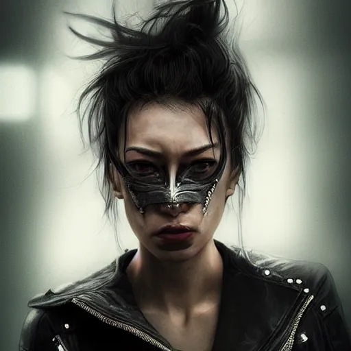 Image similar to closeup portrait of an angry woman looking at the camera and wearing a mask in the style of stefan kostic, realistic, cyberpunk, leather jacket, mask, nighttime, rain storm, body shot, sharp focus, 8 k high definition, insanely detailed, intricate, elegant, art by stanley lau and artgerm, floating embers