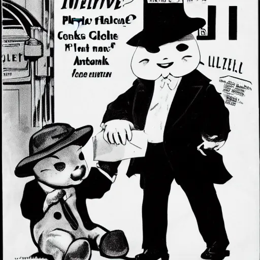 Prompt: baby seal dressed as a private investigator wearing a fedora and trench coat, black and white, pulp comic, by chester gould 1 9 3 2