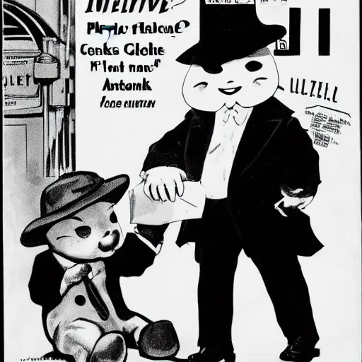 Image similar to baby seal dressed as a private investigator wearing a fedora and trench coat, black and white, pulp comic, by chester gould 1 9 3 2