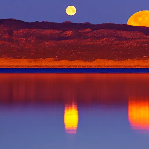 Image similar to orange full moon rising over the lake horizon at night, photograph, iso 1 0 0 0