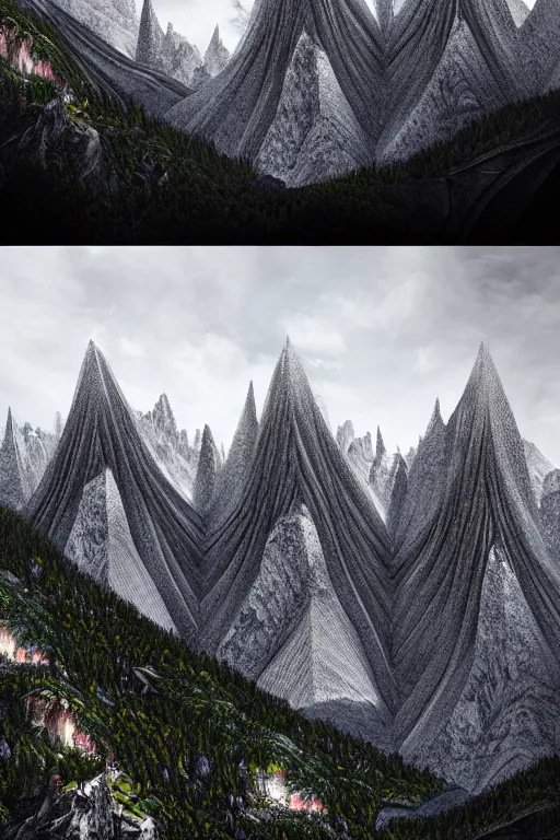 Image similar to insanely detailed and intricate, hypermaximalist, elegant, ornate, hyper realistic, super detailed, giant mountainscape in the french alps surrounded by trees, zaha hadid building, cinematic matte painting, extreme detail photo quality, dark moody colors, featured on behance