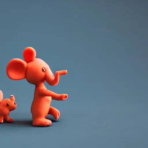 Prompt: elephant dancing with a mouse in claymation style tilt shift sharp focus dynamic lighting