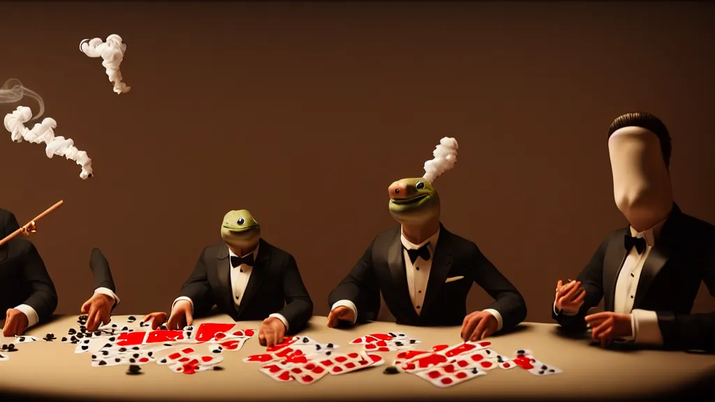 Image similar to hyperrealism simulation highly detailed human turtles'wearing detailed tuxedos and smoking, playing poker in surreal scene from art house movie from future by wes anderson and denis villeneuve and mike winkelmann rendered in blender and octane render