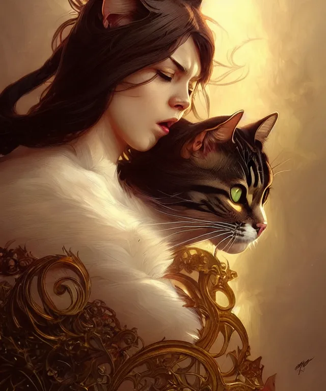 Image similar to A very angry cat, fantasy, intricate, elegant, highly detailed, digital painting, artstation, concept art, smooth, sharp focus, illustration, art by artgerm and greg rutkowski and alphonse mucha