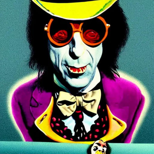 Image similar to graphic illustration, creative design, willy wonka as alice cooper, biopunk, francis bacon, highly detailed, hunter s thompson, concept art