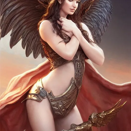 Image similar to portrait of young aasimar angel girl maiden wearing comfy leather armor with beautiful feathered angel wings, Emily Ratajkowski, Alessandra Ambrosio, innocent, intricate, elegant, highly detailed, digital painting, artstation, concept art, smooth, sharp focus, illustration, art by artgerm and greg rutkowski and alphonse mucha