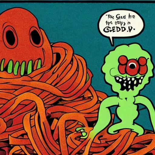 Image similar to the sphagetti monster in the style of 1 9 6 0 s, atheism god